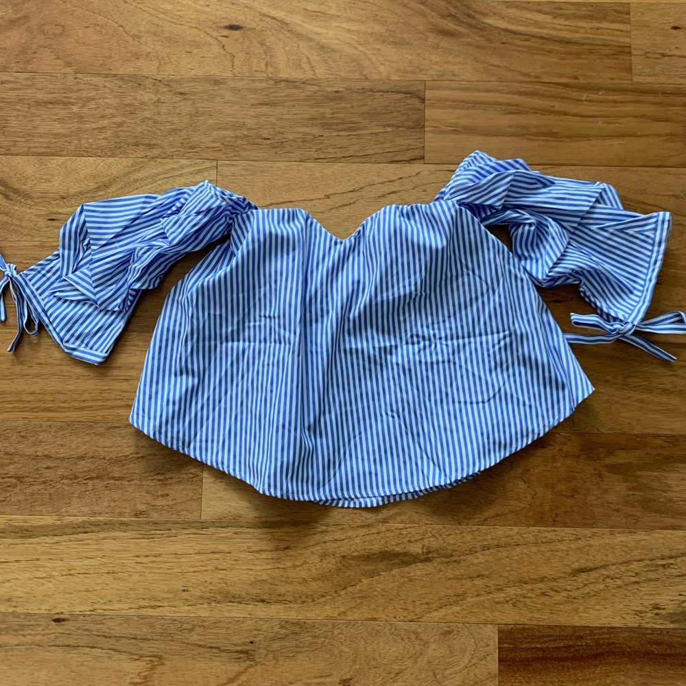 Blue and white striped off-shoulder top
